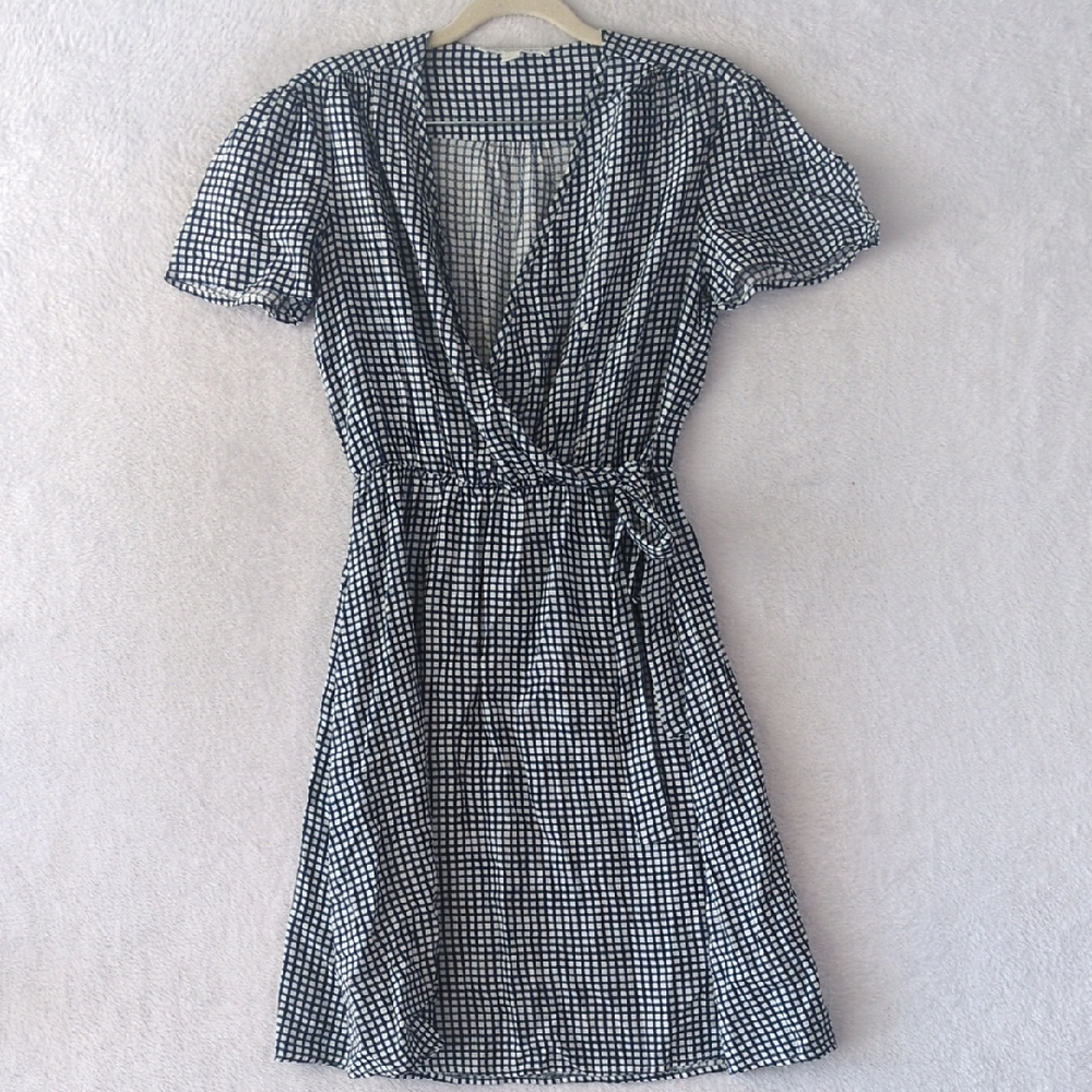 DownEast Womens Blue & White Checkered Farmhouse Wrap Dress Size XS